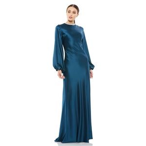 Mac Duggal Blue Satin Long Blouson sleeve Evening Gown Sapphire